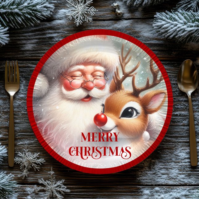 Playful Cartoon Santa Rudolph Christmas Plates Pappteller (Playful Cartoon Santa Rudolph Christmas Plates)