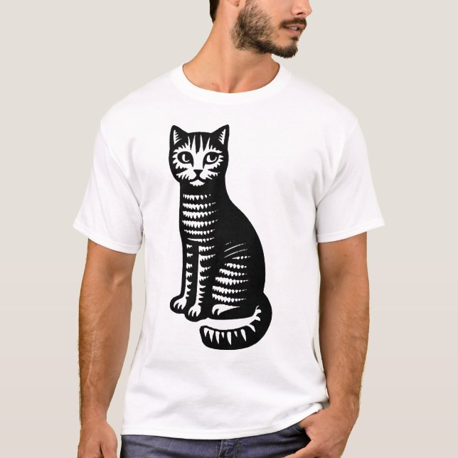 Playful Cat Woodcut Style T-Shirt (Vorderseite)