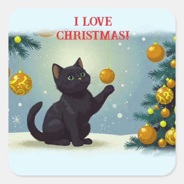 Playful Christmas Kitten Quadratischer Aufkleber (Vorderseite)