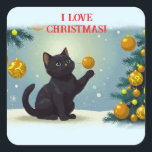 Playful Christmas Kitten Quadratischer Aufkleber<br><div class="desc">Dieses niedliche Schwarze Kitten liebt Weihnachten mit all den dangelnden Baum-Ornamenten, die ihm gewartet werden, sich anzustürzen und herumzuschlagen. Was für ein Spaß!</div>