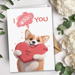 Playful Corgi I Woof You Red Hearts Dog Valentine Karte
