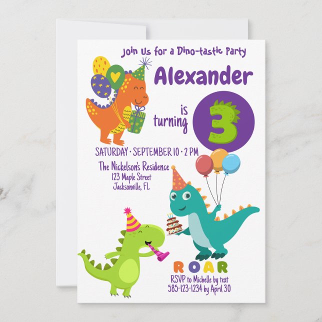 Playful Dinosaurier drei Jahre Einladung zum Gebur (Vorderseite)