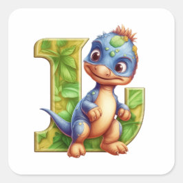 Playful Dinosaurier und der Leafy Letter L Quadratischer Aufkleber