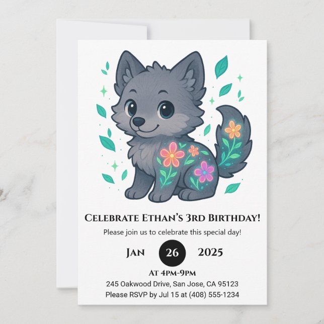 Playful Floral Wolf Birthday Einladung (Vorderseite)