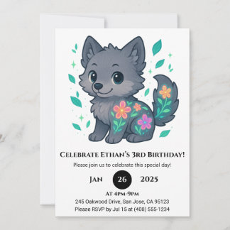 Playful Floral Wolf Birthday Einladung
