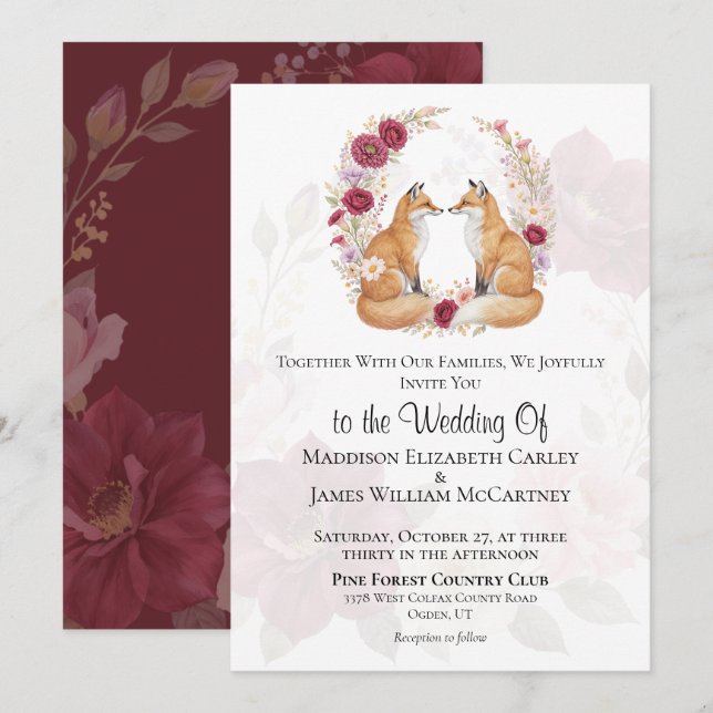 Playful Fox Herbstblütenhochzeit Einladung (Vorne/Hinten)