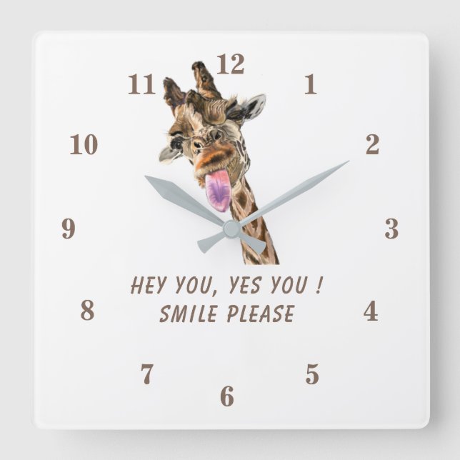 Playful Giraffe Tongue Out Wall Clock Custom Text Quadratische Wanduhr (Vorderseite)
