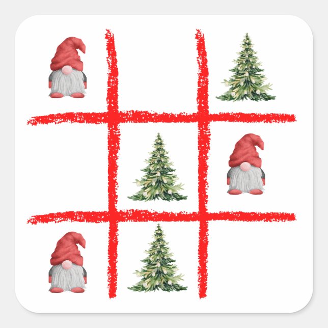 Playful Gnome Christmas Tic Tac Toe Card Quadratischer Aufkleber (Vorderseite)