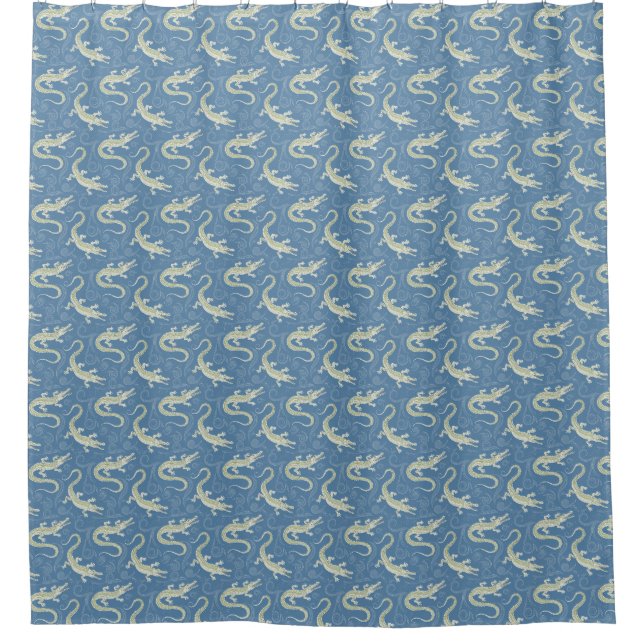 Playful Green Alligator Paisley on Blue Duschvorhang (Vorderseite)