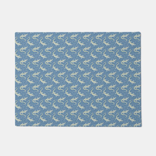 Playful Green Alligator Paisley on Blue Fußmatte (Vorderseite)