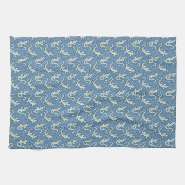 Playful Green Alligator Paisley on Blue Geschirrtuch (Horizontal)