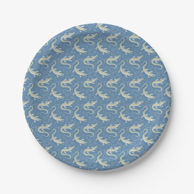Playful Green Alligator Paisley on Blue Pappteller (Vorderseite)