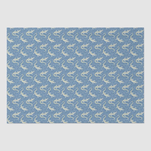 Playful Green Alligator Paisley on Blue Seidenpapier (Vorderseite)