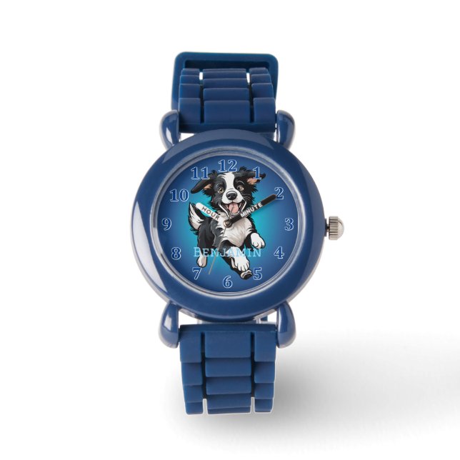 Playful Happy Black Collie auf Blue Armbanduhr (Vorderseite)