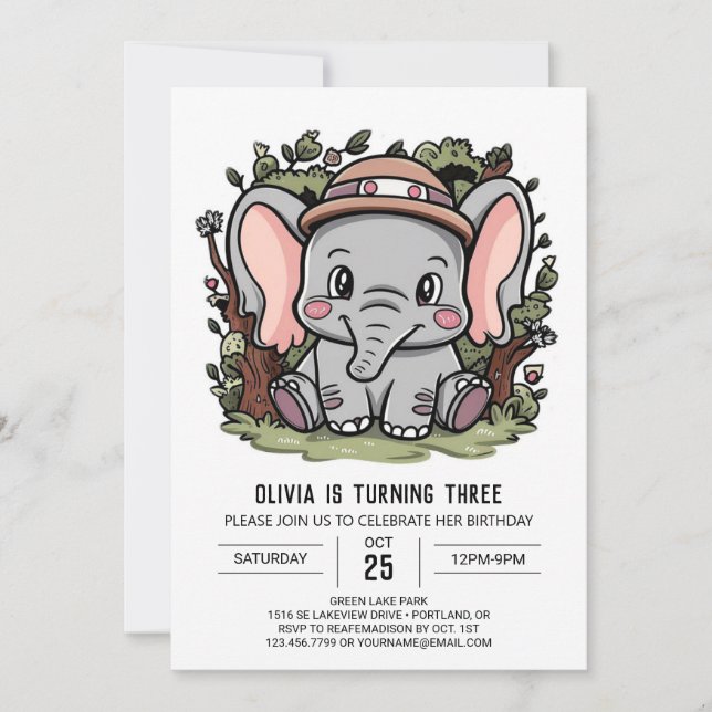 Playful Happy Elephant Digital Geburtstag Einladung (Vorderseite)
