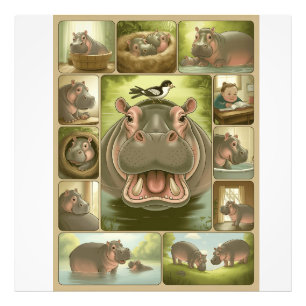 Playful Hippo & Bird Art Print - 13 Illustrierte Fotodruck