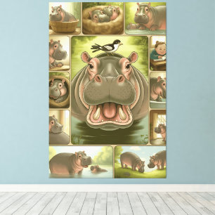 Playful Hippo & Bird Art Print - 13 Illustrierte Leinwanddruck