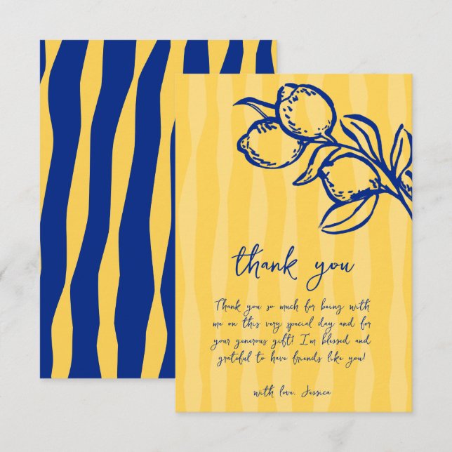 Playful Italian Blue Lemon & Stripes Bridal Shower Dankeskarte (Vorne/Hinten)