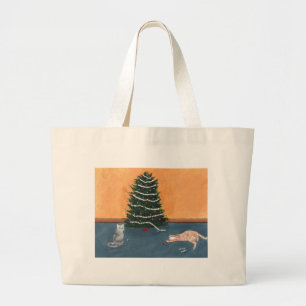 Playful Katzen durch die Weihnachtsbaum-Leinwand Jumbo Stoffbeutel