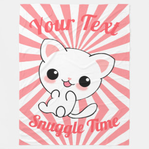 Playful Kawaii White Kitten Custom Fleecedecke