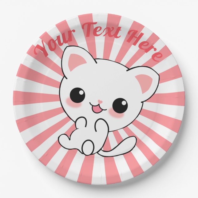 Playful Kawaii White Kitten Custom Pappteller (Vorderseite)