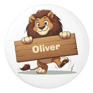 Playful Lion with Wooden Name Plate Keramikknauf