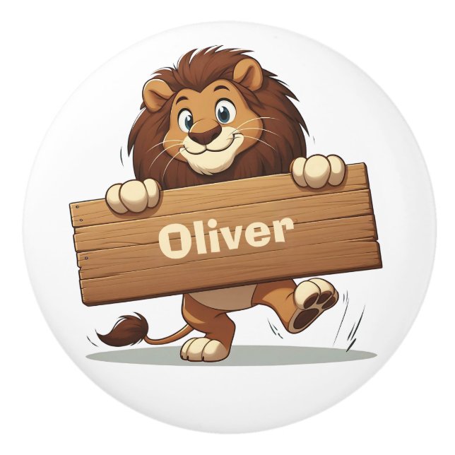 Playful Lion with Wooden Name Plate Keramikknauf (Vorderseite)