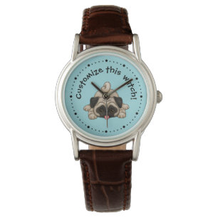 Playful Mops-Welpen-personalisierte Uhr