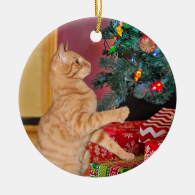 Playful Orange Tabby Christmas Keramik Ornament (Vorne)