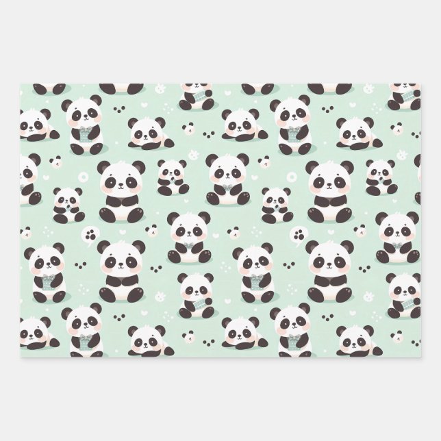 Playful Panda Pattern Geschenkpapier Set (Vorderseite)