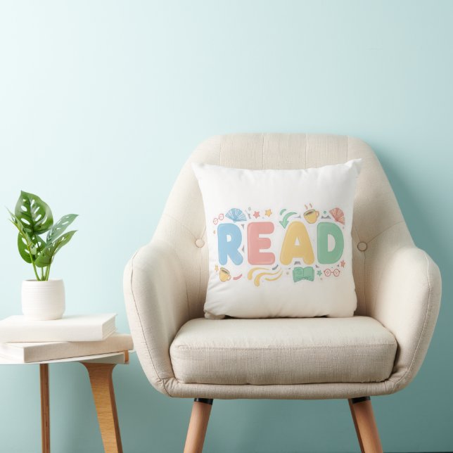 Playful Pastel Bubble "READ" Sticker Style Kissen (Stuhl )