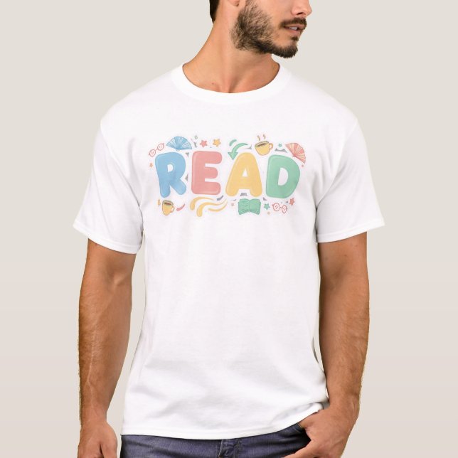 Playful Pastel Bubble "READ" Sticker Style T-Shirt (Vorderseite)