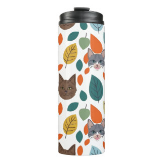 Playful Pet Faces and Autumn Leaves Pattern Thermosbecher