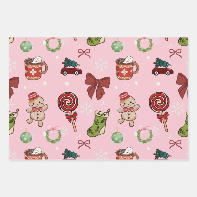 Playful Pink Christmas Wrapping Paper Geschenkpapier Set (Vorderseite)