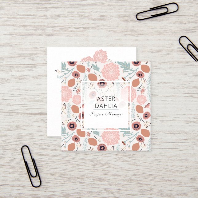 Playful Pink Cream Blue Repeat Floral Print Quadratische Visitenkarte (Playful Pink Cream Blue Repeat Floral Print Square Business Card from Studio Posies. )