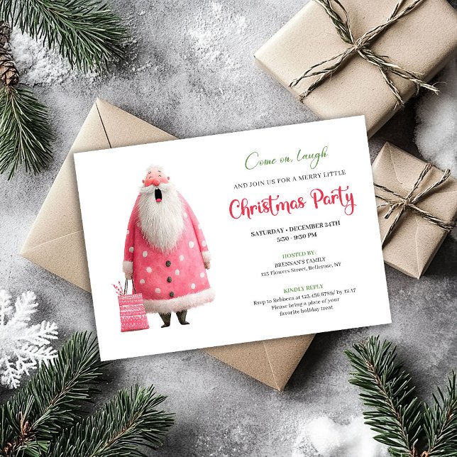 Playful Pink Santa Funny Christmas Party Printable Einladung (Playful Pink Santa Funny Christmas Party Printable)