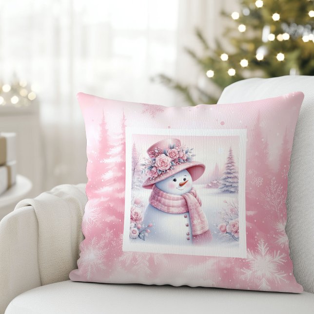 Playful Pink Snowman Pillow Cozy Winter Look Kissen (Playful Pink Snowman Pillow Cozy Winter Look)