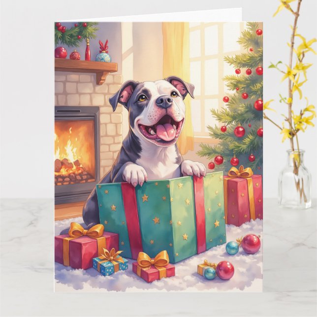 Playful Pitbull Opening Christmas Gifts Holiday Karte (Gelbe Blume)
