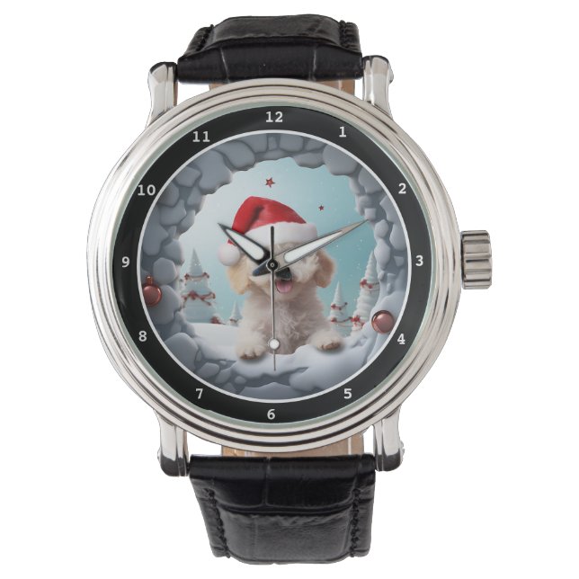 Playful Poodle Dog Winter Holiday Image Armbanduhr (Vorderseite)