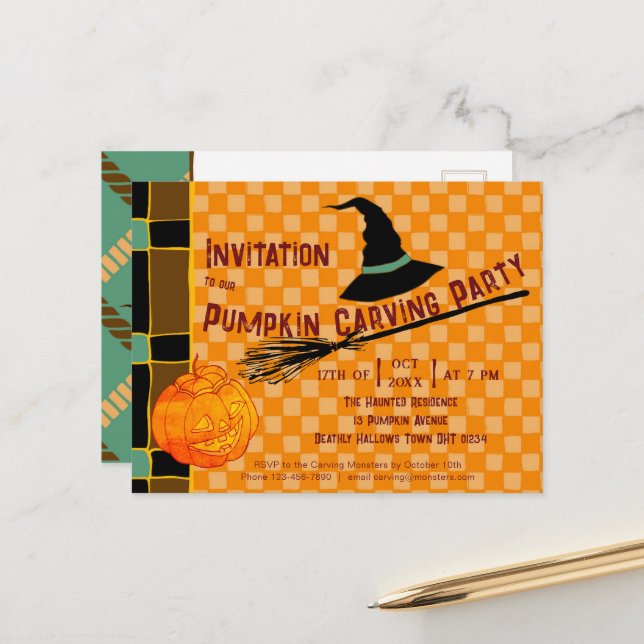 Playful Pumpkin Orange Retro Jack-o''Lantern Kids" Postkarte (Vorderseite/Rückseite Beispiel)