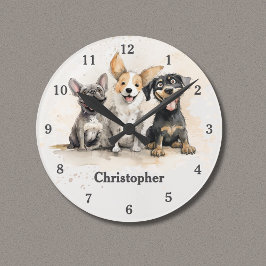 Playful Puppy Hunde Wasserfarbe Personalisiert Runde Wanduhr