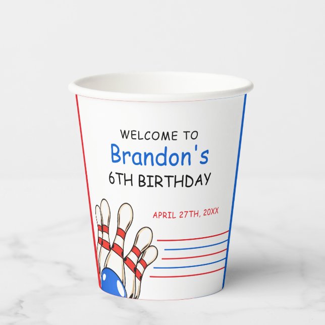 Playful Red & Blue Bowling Thema 6. Geburtstag Pappbecher (Vorderseite)