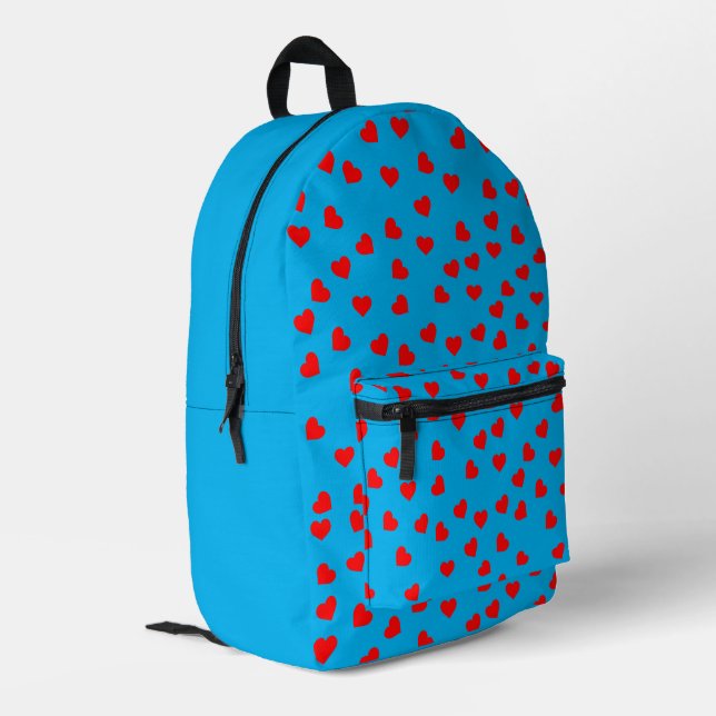 Playful Red Hearts Sky Blue Bedruckter Rucksack (Rückseitige Ecke links)
