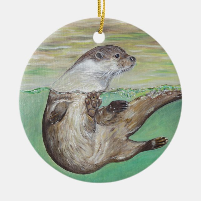 Playful River Otter Malerei Keramik Ornament (Vorne)