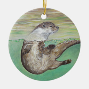 Playful River Otter Painting Keramikornament