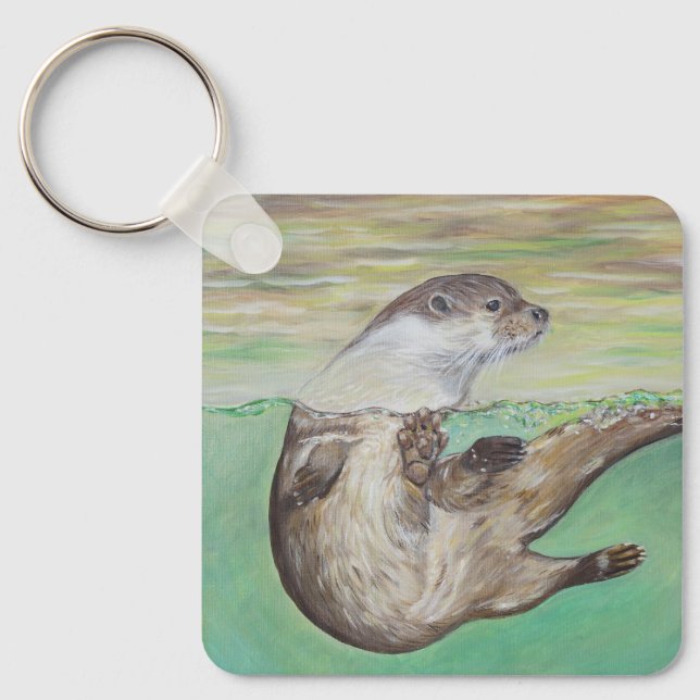 Playful River Otter Painting Keychain Schlüsselanhänger (Vorderseite)
