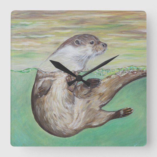 Playful River Otter Painting Quadratische Wanduhr (Vorderseite)