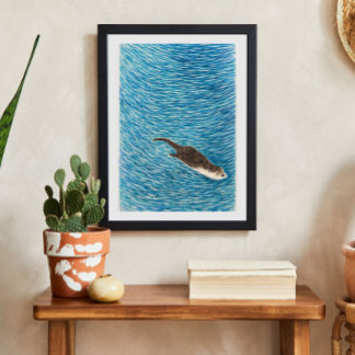 Playful River Otter Swimming in Blue Water Poster