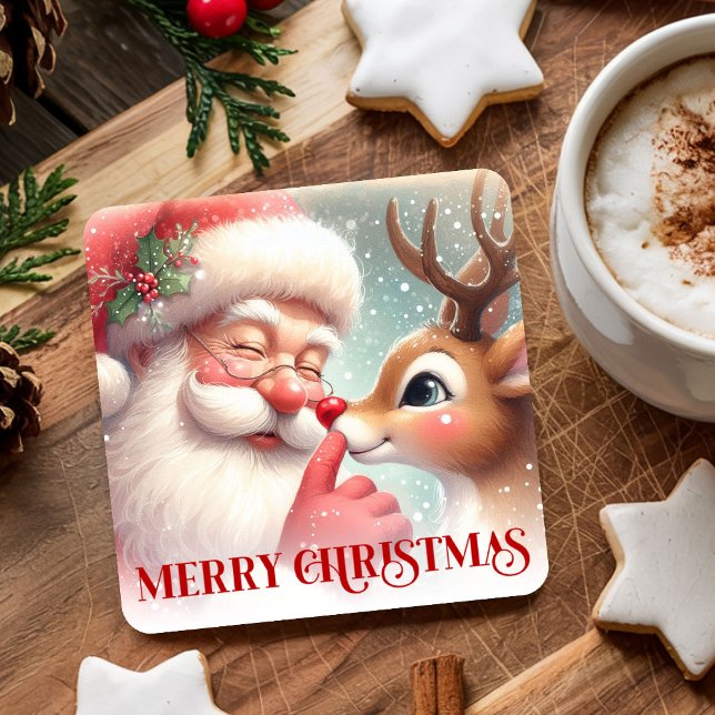 Playful Santa and Rudolph Festive Drink Coasters Rechteckiger Pappuntersetzer (Playful Santa and Rudolph Festive Drink Coasters)