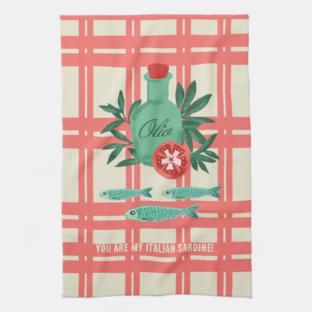 Playful Sardines Olive Oil Coral Kitchdesign Geschirrtuch (Vertikal)